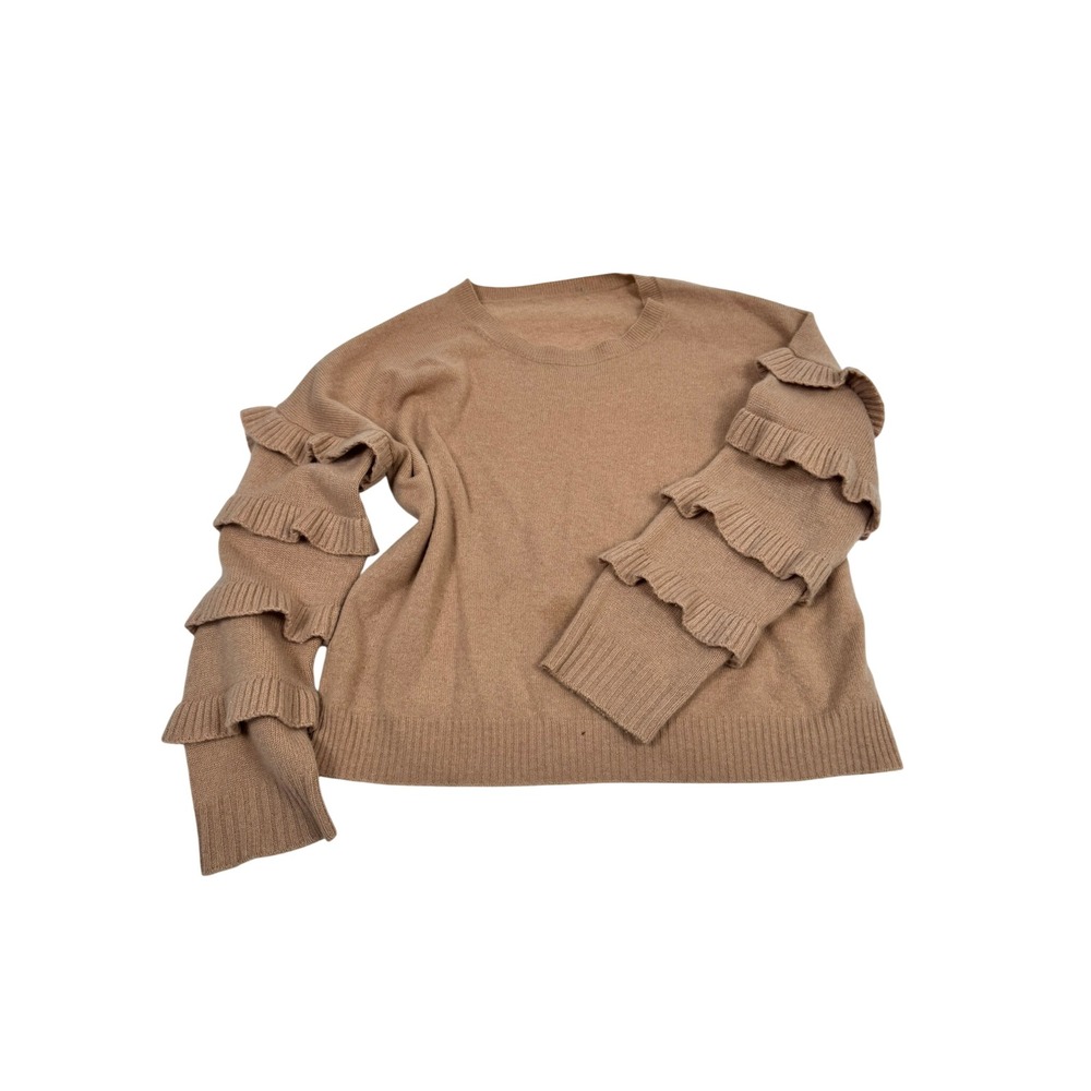 100% Cashmere Ruffle Sleeve Sweater Camel Tan Crewneck Pullover M/L